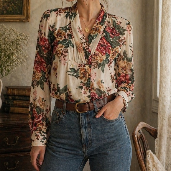 Nilani Tops - Vintage 90s Nilani Floral Sheer Blouse Romantic Cottagecore Korea Womens M